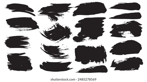 Realistic blak ink brush strokes painted on a white background. Image produced without the use of any form of AI software at any stage.