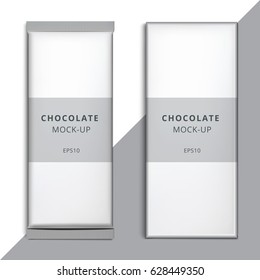 Realistic blank 3D chocolate bar template design. Choco packaging vector mockup. Product white empty branding box pack with wrapper isolated.