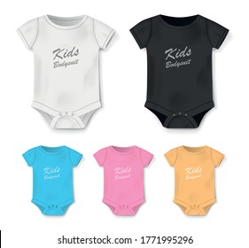 Realistic blank baby bodysuit template isolated. White, black, pink, blue bodysuit, baby shirt mockup. Set of clothes for newborns, top view. Vector illustration