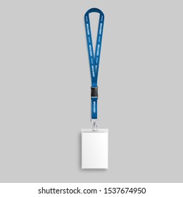 Realistic blank badge on blue lanyard with identification and pass card for name holder. Mockup and blank template for plastic badge on strap, vector illustration.