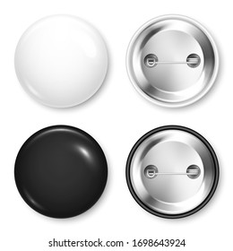 Realistic Blank Badges Collection. 3D Glossy Round Button. Pin Badge Mockup. Vector Illustration.