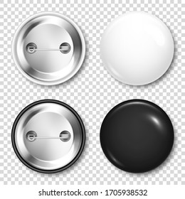 Realistic blank badges collection. 3D glossy round button. Pin badge mockup. Vector illustration.