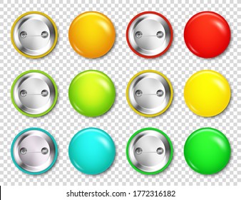 Realistic blank badges collection. Colorful 3D glossy round button. Pin badge mockup. Vector illustration.