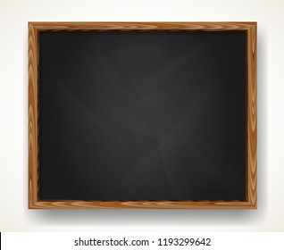 Realistic blank black chalkboard in wooden frame. Background for school or restaurant design, menu. Blackboard vector illustration with shadow isolated over white.