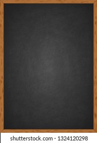 Realistic blank black chalkboard in wooden frame. Rubbed out dirty chalkboard. Background for school or restaurant design, menu. Blackboard isolated over whit background. Clipart vector illustration 