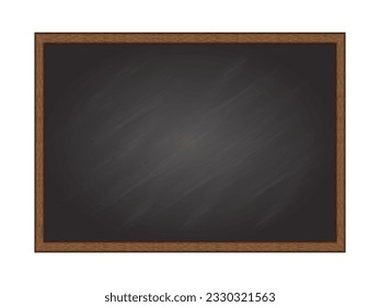 Realistic blank black chalkboard in wooden frame. Rubbed out dirty chalkboard. Background for school, menu design and back to school.