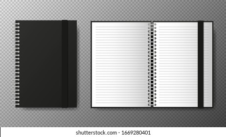 Realistic blank black open and closed of spiral copybook template with elastic band and bookmark on transparent background. Notebook Vector illustration.