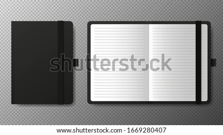 Realistic blank black open and closed copybook template with elastic band and bookmark on transparent background. Notebook Vector illustration.