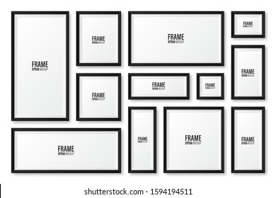 Realistic blank black picture frame with shadow collection isolated on white background. Modern poster mockup. Empty photo frame for art gallery or interior. Vector illustration.