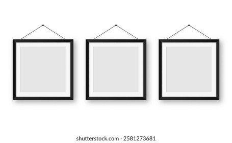 Realistic blank black picture frames collection. Modern poster mockup for artwork, photography, or advertising. Perfect for art galleries, interior decor, and branding. Vector illustration