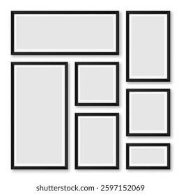 Realistic blank black picture frames collection. Modern poster mockup for artwork, photography, or advertising. Perfect for art galleries, interior decor, and branding. Vector illustration