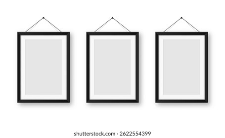 Realistic blank black picture frames collection. Modern poster mockup for artwork, photography, or advertising. Perfect for art galleries, interior decor, and branding. Vector illustration