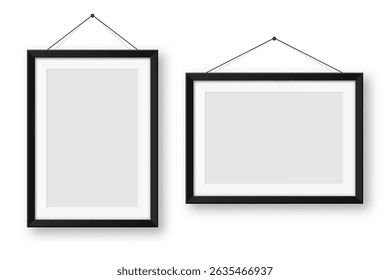 Realistic blank black picture frames collection. Modern poster mockup for artwork, photography, or advertising. Perfect for art galleries, interior decor, and branding. Vector illustration