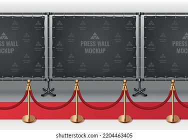 Realistic blank black press wall mockup along red carpet vector illustration