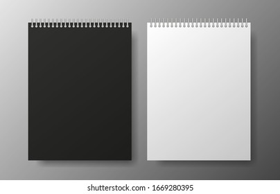 Realistic blank black and white copybook on gray background. Notebook Vector illustration.