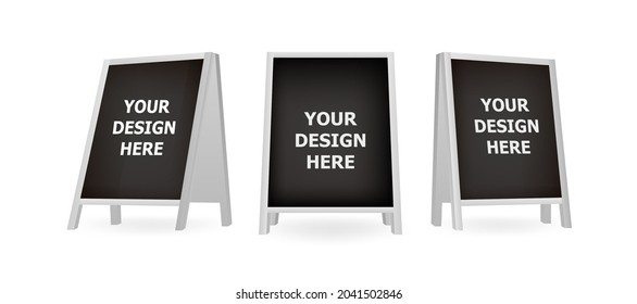 Realistic blank board for menu announcement. Set of white chalkboard a-frame standees. Special street advertising equipment for announcement information.