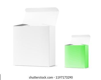 Realistic blank cardboard packaging box mockup. Vector illustration isolated on white background. Can be use for medicine, food, cosmetic and other. Ready for your design. EPS10.