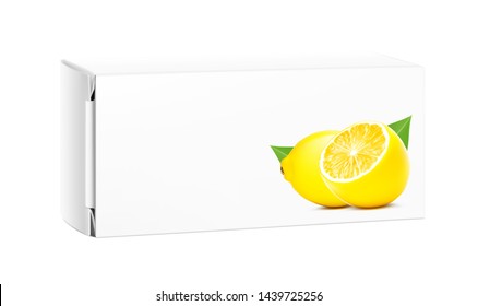 Realistic blank cardboard packaging box mockup with lemons. Vector illustration isolated on white background. Can be use for medicine, food, cosmetic and other. Ready for your design. EPS10.