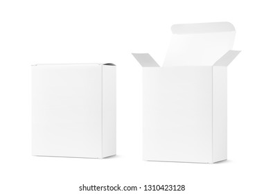 Realistic blank cardboard packaging boxes mockup. Open and closed. Vector illustration isolated on white background. Can be use for medicine, food, cosmetic and other. Ready for your design. EPS10.