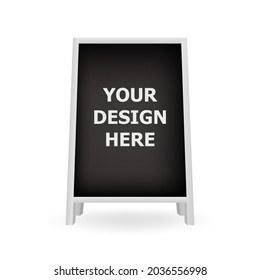 Realistic blank chalkboard a-frame standee. Advertisement stand for outdoor menu. Special advertising equipment for restaurant menu announcement.