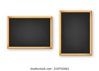 Realistic blank chalkboard in a wooden frame. School blackboard with traces of chalk, writing surface for text or drawing. Presentation board, online studying and e-learning. Vector illustration