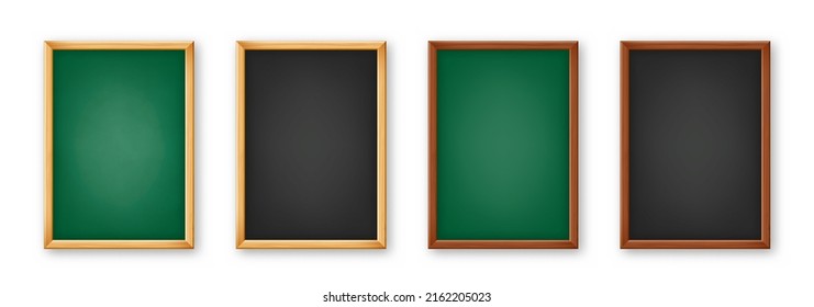 Realistic blank chalkboard in a wooden frame. School blackboard with traces of chalk, writing surface for text or drawing. Presentation board, online studying and e-learning. Vector illustration