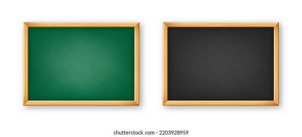 Realistic blank chalkboard in a wooden frame. School blackboard with traces of chalk, writing surface for text or drawing. Presentation board, online studying and e-learning. Vector illustration
