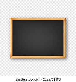 Realistic blank chalkboard in a wooden frame. School blackboard with traces of chalk, writing surface for text or drawing. Presentation board, online studying and e-learning. Vector illustration