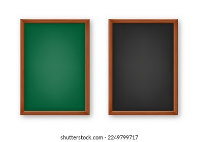 Realistic blank chalkboard in a wooden frame. School blackboard with traces of chalk, writing surface for text or drawing. Presentation board, online studying and e-learning. Vector illustration