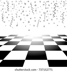 Realistic Blank Chess Board with Silver Confetti Falling. Creative Vector Illustration