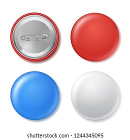 Realistic blank circle badges set with mockup. Round piece of metal, plastic label for organization. Vector illustration on white background