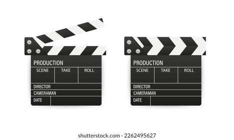 Realistischer Blankenfilm geschlossen und eröffnet. Filmklappen-Motherboard-Symbol Nahaufnahme einrichten. Design-Template von Clapperboard, Slapstick, Filmmaking Gerät. Vordere Ansicht. Vektorgrafik