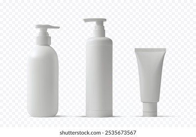 Realistic blank cosmetic 3d bottles in various sizes for lotion, cream, and liquid products. Ideal for showcasing branding, logo placement, and packaging design concepts. Vector illustration