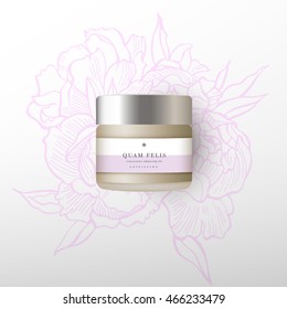 Realistic blank cosmetic container for cream, powder or gel. Package template with design label. Vector mock up in white background with peonies flowers.