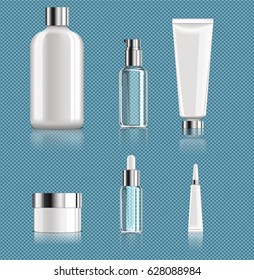 Realistic blank cosmetic packages set for moisturizer cream perfume lotion gel on light transparent background isolated vector illustration