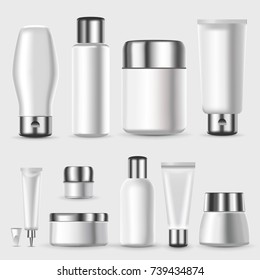 Realistic blank cosmetic packages set for shampoo skin moisturizer lotion conditioner shower gel cream products isolated vector illustration