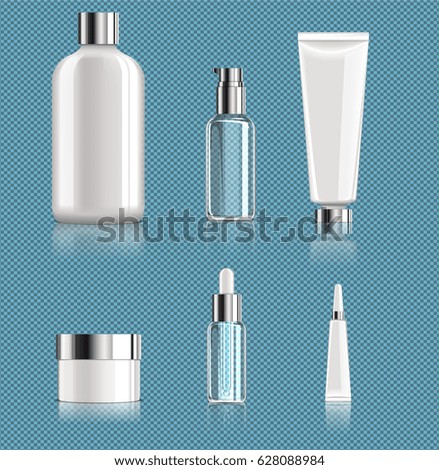 Realistic blank cosmetic packages set for moisturizer cream perfume lotion gel on light transparent background isolated vector illustration