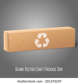 Realistic blank craft paper package box for oblong stuff - toothpaste, cosmetics, medicine etc. Isolated on grey background with recycle sign, for design and branding. Vector