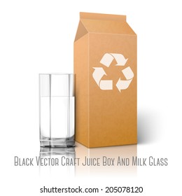 Realistic blank craft paper package with recycle sign and glass for milk, juice, cocktail etc.  Isolated on white background with reflection, for design and branding. Transparent glass shape. Vector