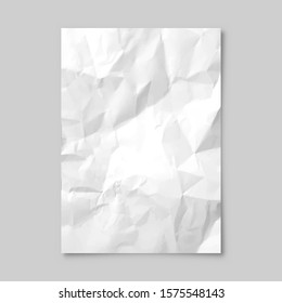 Realistic blank crumpled paper sheet with shadow in A4 format isolated on gray background. Notebook or book page. Design template or mockup. Vector illustration.