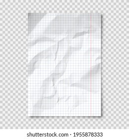 Realistic blank crumpled paper sheet in A4 format on transparent background. Notebook page, document. Design template or mockup. Vector illustration.