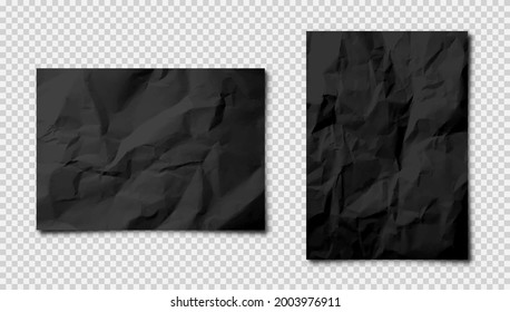 Realistic blank crumpled paper sheets in A4 size with shadow on checkered background. Black notebook page. Design template, mockup. Vector illustration.