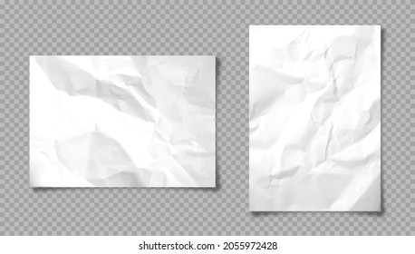 Realistic blank crumpled paper sheets in A4 size with shadow on checkered background. White notebook page. Design template, mockup. Vector illustration.