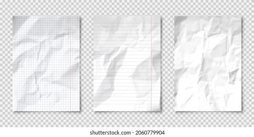 Realistic blank crumpled paper sheets in A4 format on transparent background. Notebook page, document. Design template or mockup. Vector illustration.