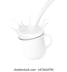 Realistic blank cup mockup with milk splashes and drops isolated on white background. Vector illustration. Can be use for your design. EPS10.