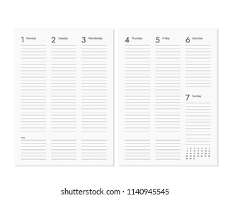 Realistic blank diary pages with weekly and monthly calendar - vector