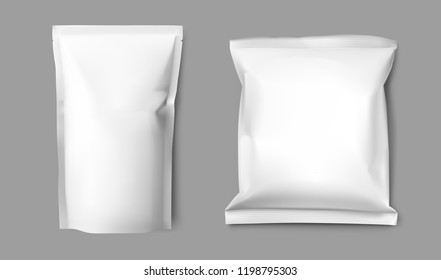 Realistic blank doy pack and pillow pack mock up. Vector illustration on gray background. Ready for your design. EPS10.  