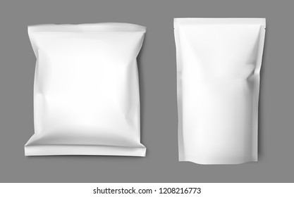 Realistic blank doy pack and pillow pack mock up. Vector illustration on gray background. Ready for your design. EPS10.