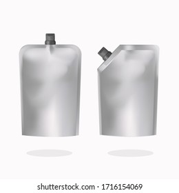 Realistic blank doypack plastic bag mock up set, vector illustration isolated on white background. Food and drink packaging stand up pouch bag templates with top and side spouts and screw caps.