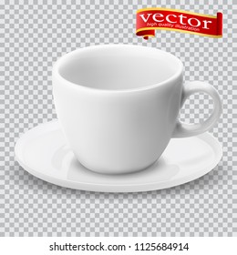 Realistic blank empty cup for coffee tea. 3d illustration of a high detail of a white mug on a saucer